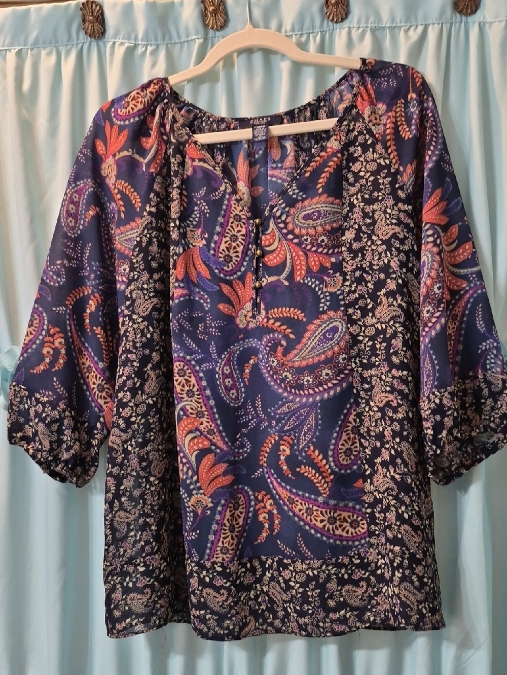 Chaps V Neck Multi Colored Blue Purple Paisley Boho Blousz Top Sz M